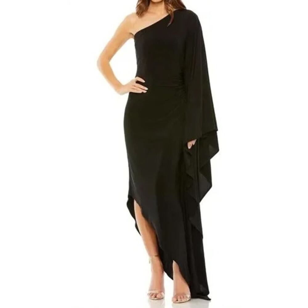 Ieena for MacDuggal One Shoulder Cape Sleeve Ruched Jersey Gown Dress Black L